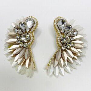 White Cream Beaded Crystal Geometric Semicircle Fan Statement Earrings